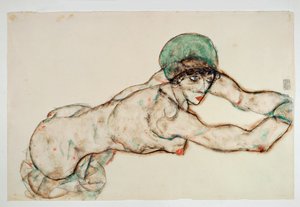 右に横たわる裸婦と緑のボンネット（水彩、鉛筆） 作： Egon Schiele