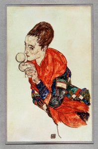パウダーボックスを持つ女優マルガ・ボーナーの肖像...（グワッシュと黒クレヨン） 作： エゴンシーレ