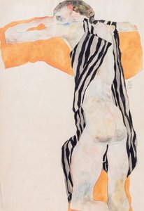 ストライプスモックのリクライニングヌード少女、1911年。 作： Egon Schiele
