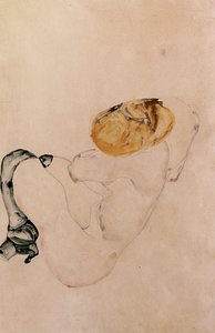 怖がって、しゃがんでいる少女、1912 作： Egon Schiele