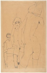 シーレと鏡の前のヌードモデル 作： Egon Schiele