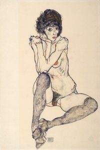 座る女性のヌード、右ひざで休む肘、1914年。 作： Egon Schiele