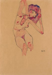 頭を下げて腕を上げた着席女性ヌード。 1910年、頭を下げ、腕を上げたヌード着席