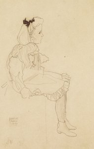 彼女の髪に弓を持つ着席の少女、1909 作： Egon Schiele