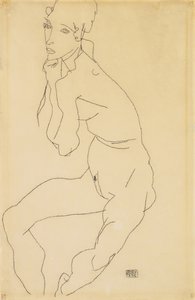1914年のあごに手で座っている女性のヌード 作： Egon Schiele
