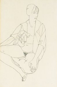オープンブラウスを着た女性の着席ヌード、1913 作： Egon Schiele
