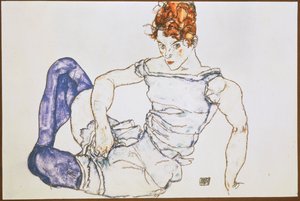 紫のストッキングをはいた座っている女性...（グワッシュと黒のクレヨン） 作： エゴンシーレ