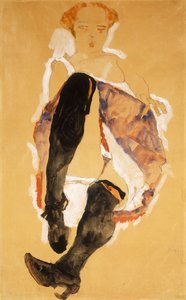 黒いストッキングの着席女性。 1911年に黒ストッキングを着た少女 作： Egon Schiele