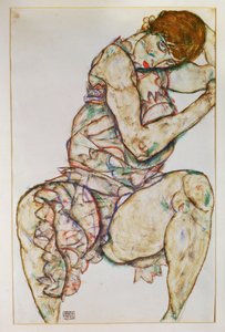 髪に左手を添えて座る女性（グワッシュ、鉛筆） 作： Egon Schiele