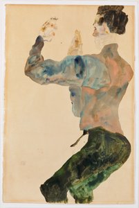 腕を上げた自画像、後ろ姿 作： Egon Schiele