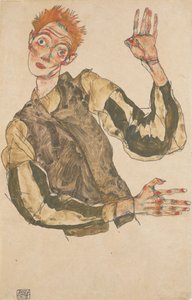 縞模様の袖カバーを着けた自画像 作： エゴンシーレ
