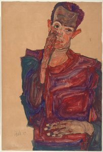 まぶたを下げた状態の自画像、1910 作： Egon Schiele
