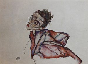 腕を後ろに組んだ自画像、1915 年。 作： Egon Schiele