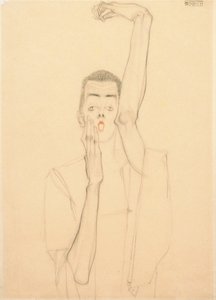 上げられた腕と赤い口を持つ自画像 作： Egon Schiele