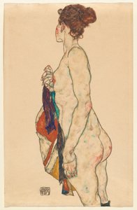 模様のあるローブを着た裸立ち 作： Egon Schiele