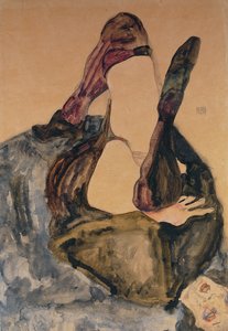 上げられた脚と紫色のストッキングを持つ女性。脚を上げて紫色のストッキングをした女性、1911年 作： Egon Schiele