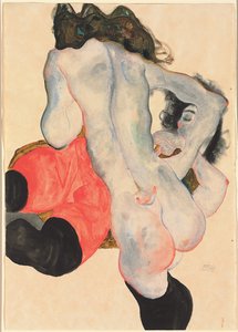 赤いズボンと立っている女性のヌードを持つ女性。赤いズボンで立っている女性と立っている女性のヌード、1912 作： Egon Schiele