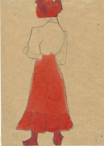 赤いスカートの女性、c。 1909年。 作： Egon Schiele