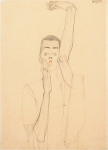 腕を上げ、口を赤くした若者。左腕を上げて赤い口をした自画像、1909 作： Egon Schiele