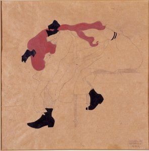 赤い髪の黒いリボンを持つ少女、彼女の靴を履く、1909 作： Egon Schiele