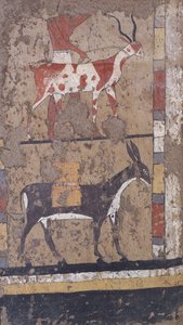 ルクソール近郊のエル・ゲベレンにあるイティ王の将軍兼宰相の墓から小麦を運ぶカモシカとロバ。紀元前2200-2000年（壁画） 作： Egyptian