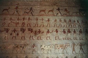 ベニハサンのネクロポリス。 Amenemhat の墓、詳細: 狩猟シーンと田舎の生活を描いた壁画 作： Egyptian 12th Dynasty