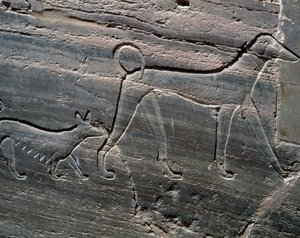 犬のカップル、入り口のレリーフ、サレンプット 2 世の墓、君主の墓、Qubbet el-Hawa、アスワンのナイル川西岸、エジプト文明、中王国、XII 王朝
