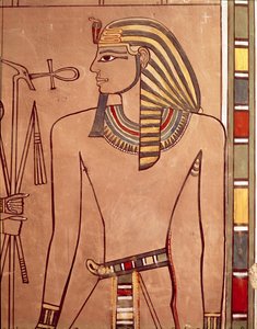 アメンホテプ2世（紀元前1427〜1323年頃）、アンクが彼の墓の石棺室から出た、ニューキングダム（塗られた石灰岩） 作： Egyptian 18th Dynasty