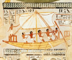 ナイル川の船頭、セネファーの墓、新王国（壁画） 作： Egyptian 18th Dynasty