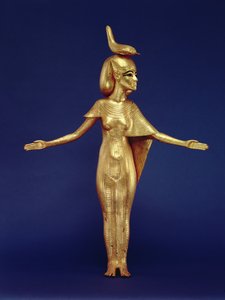 ツタンカーメンの墓（紀元前1370～1352年頃）から出土したカノポスの祠の女神セルケットの詳細（金メッキされた木）（228567も参照