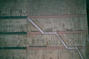 エジプト、ルクソール、王家の谷、トゥトモセ3世の墓、埋葬室のフレスコ画 作： Egyptian 18th Dynasty