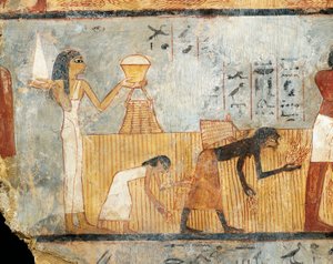 エジプト、テーベ、ウンスの墓、畑の労働者に食べ物を運ぶ女性、壁画 作： Egyptian 18th Dynasty
