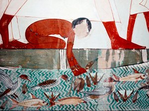 エジプトのアート。メンナの墓。魚のシーン、詳細。蓮の花を摘む裸の乙女（18王朝） ルクソールのフレスコ画（エジプト、ナイル川左岸のテーベ、シェイク・アブド・アル・グルナ（グルナ）の遺跡。