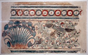 エジプトの古代遺物：マルカタのアメノフィス3世（アメンホテプ）の宮殿のフレスコ画の断片。紀元前1342年。カイロ、エジプト博物館 作： Egyptian 18th Dynasty