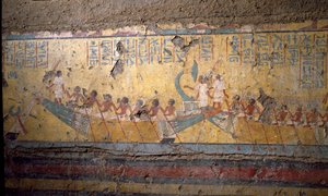 エジプトの古代美術：画家マイアの墓のフレスコ画、アビドスでの船による巡礼、オシリスの引用。第18王朝時代新帝国ディム、デイル・エル・メディネ(エル・メディネ)のマイアの礼拝堂より。67 cm トリノ、エジプト博物館 作： Egyptian 18th Dynasty