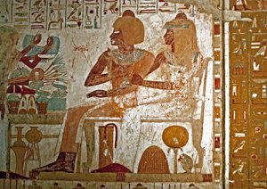 エジプト古代遺物：ユーザーハット（ウルセハット）（TT56）の墓を飾る絵画（第18王朝）妻のムトネフェレとともに供物（首飾り、蓮の花の入った盆、食物）を受け取る様子が描かれている。ルクソール、西バン 作： Egyptian 18th Dynasty