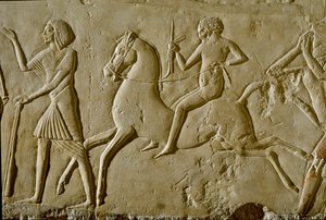 エジプトの古代遺物：馬上の戦士のレリーフ第18王朝末期 作： Egyptian 18th Dynasty