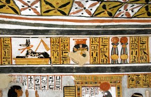 エジプトの古代：アヌビス、ハトホル、象形文字の表現。ロイの墓の絵 作： Egyptian 18th Dynasty