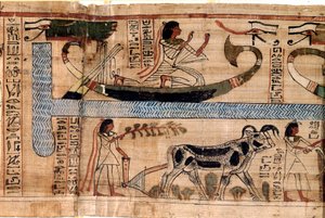 エジプトの古代遺物：故アナーの名前は、オシリスの船の上で、魂を耕したり量ったりする場面を表している。死者の書」のパピルス、20王朝、テーベ出土トリノ、エジプト博物館 - 古代エジプト：デセアの名前 作： Egyptian 18th Dynasty