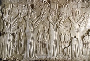 エジプトのアンティーク：供物を作る若い娘たち。ケルーエフの墓（TT192）（第18王朝 作： Egyptian 18th Dynasty