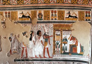 エジプトの古代性：ホルスがロイ夫妻をオシリスへと導く。ロイの墓(TT255)のフレスコ画の断片。第18王朝時代。エジプト、ルクソールの西岸より
