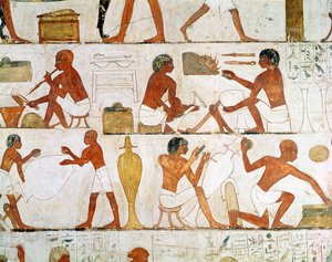 レクミアの墓からの金と銀の壺の彫刻と研磨