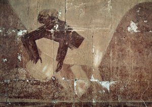 食物の交換、プントの地への遠征を描いた場面の細部、彩色レリーフ、プントの列柱廊、ハトシェプスト葬祭殿、デイル・エル・バハリ、テバン・ネクロポリス、エジプト文明、新王国時代、第18王朝 作： Egyptian 18th Dynasty