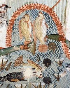 魚、沼地での狩猟と漁の場面の詳細、フレスコ画、テーバン人の墓TT69、シェイク・アブド・エル・クルナ、テーベ（ユネスコ世界遺産リスト