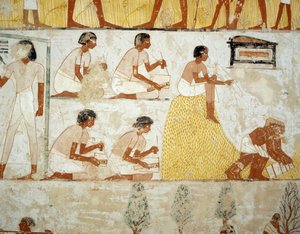 穀物の収穫、脱穀と唐箕、ルクソール、テーベのシェイク・アブド・エル・クルナ墓地、メンナの墓の前庭のフレスコ画の詳細（ユネスコ世界遺産 作： Egyptian 18th Dynasty