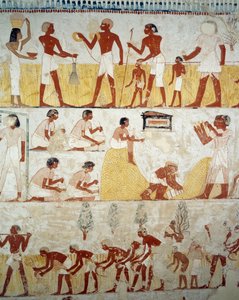 穀物の収穫、脱穀と唐箕、ルクソール、テーベのシェイク・アブド・エル・クルナ墓地、メンナの墓の前庭のフレスコ画の詳細（ユネスコ世界遺産