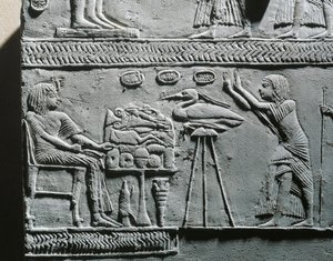 葬儀の食事をとるホレムヘブ、サッカラのホレムヘブの墓のレリーフ 作： Egyptian 18th Dynasty