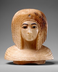 王族女性の頭部を象った蓋、紀元前1349～36年頃（トラバーチン、青ガラス、黒曜石 作： Egyptian 18th Dynasty