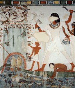 ナイル川の沼地で釣りをするメンナとその家族（ルクソール、テーベのシェイク・アブド・エル・クルナ墓地にあるメンナの墓の礼拝堂のフレスコ画より）（ユネスコ世界遺産