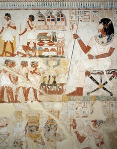 畑で働く人々を監督するメンナ（ルクソール、テーベのシェイク・アブド・エル・クルナ墓地、メンナの墓の前庭のフレスコ画より）（ユネスコ世界遺産